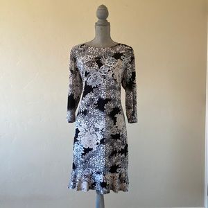 Sandra Darren Women's 3/4 Sleeve Puff Flounce Dress, Elegant Floral Black&Ivory